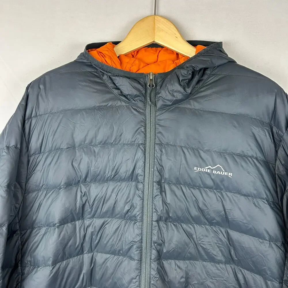 Eddie Bauer Down Puffer Jacket Gray/Orange Hooded Full Zip Men's Size XXL